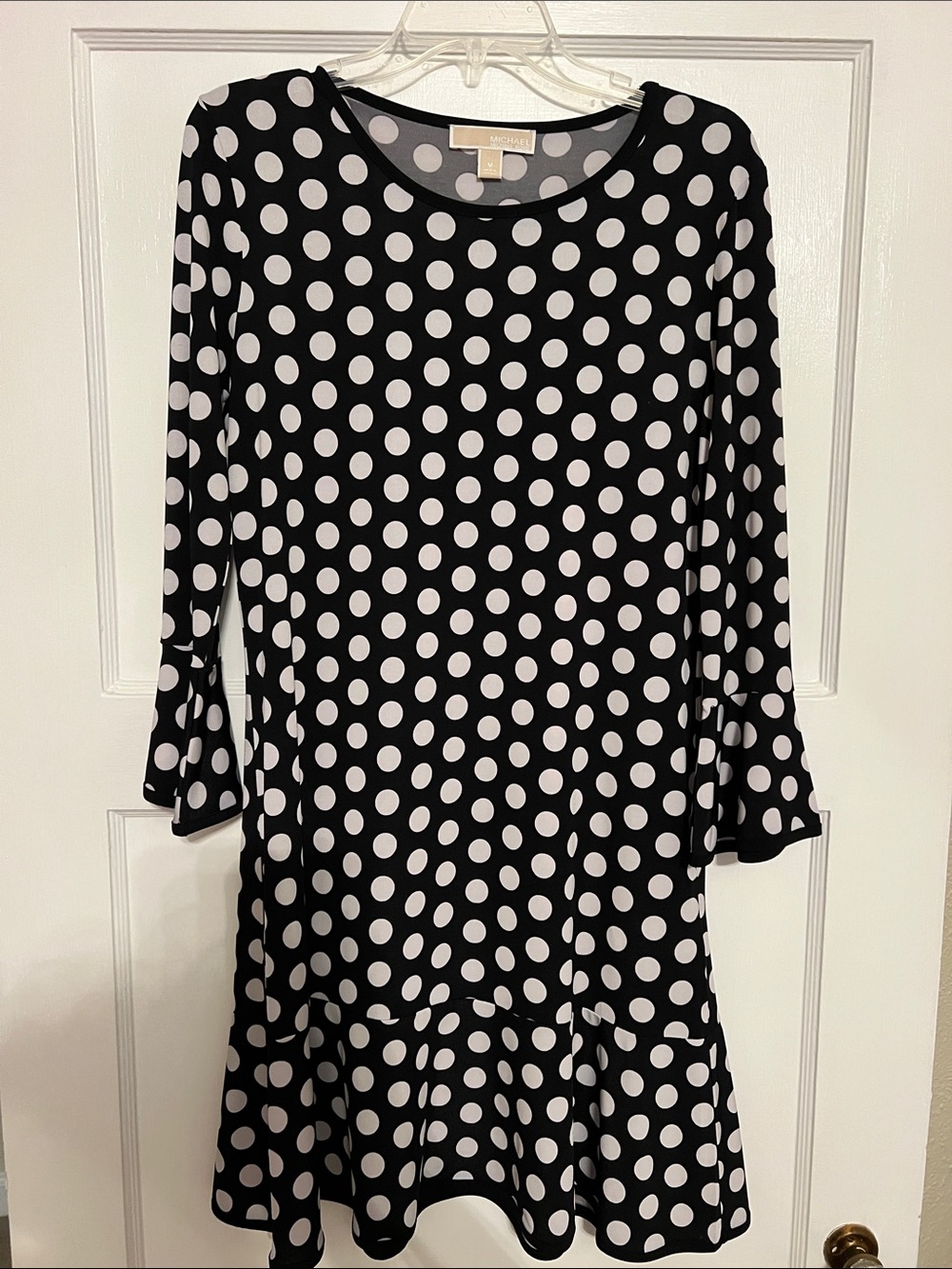 MICHAEL Michael Kors Black and White Polka Dot Long Sleeve Ruffle-Hem Dress